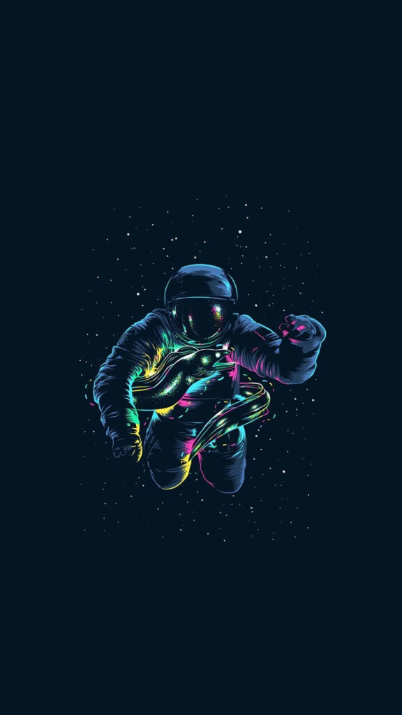 Vibrant neon astronaut floating in space with swirling cosmic patterns pop art wallpaper