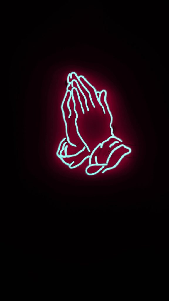 Neon blue glowing praying hands on black background minimalist spiritual mobile wallpaper