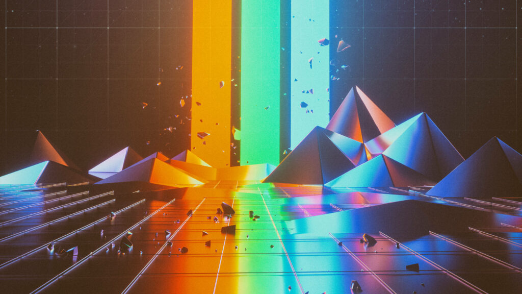 Neon-lit pyramids with colorful light beams vibrant digital wallpaper inspired by Imagine Dragons live show
