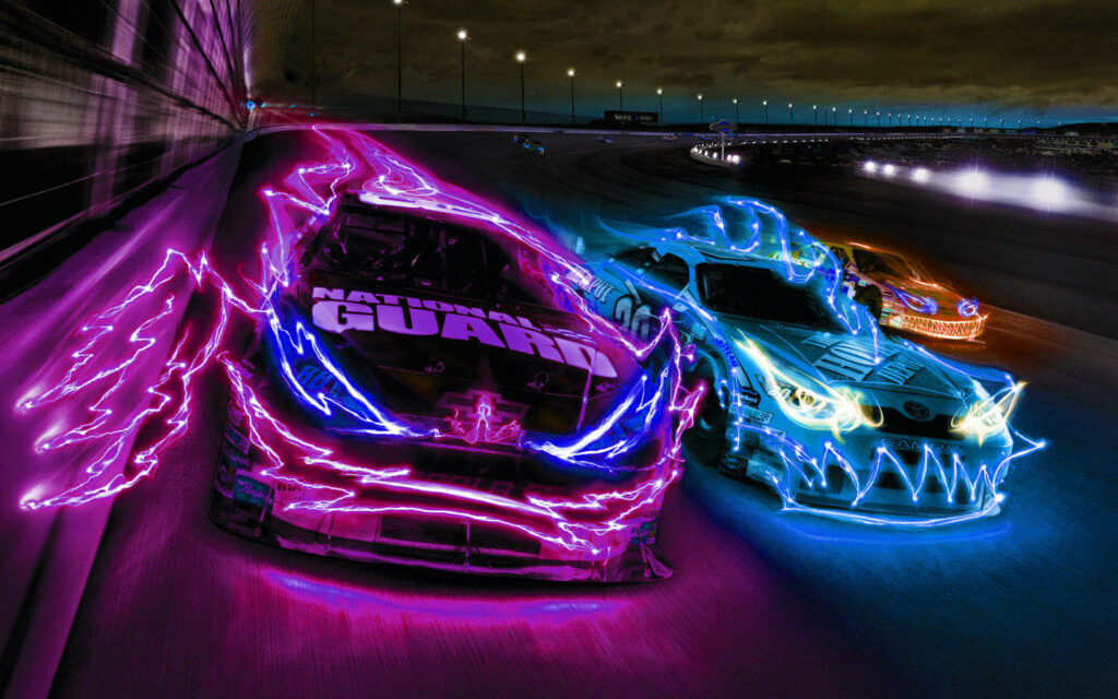 Thrilling neon-lit race cars speeding at night on racetrack vibrant wallpaper background