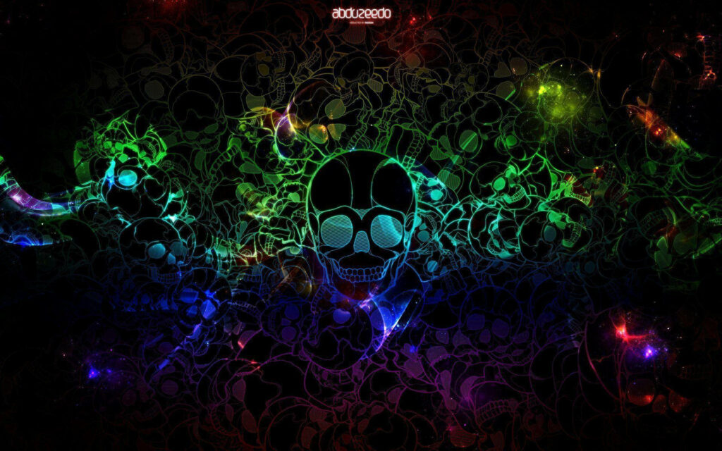 Neon Rainbow Skulls: A Mesmerizing HD Wallpaper of a Central Skull Surrounded by Vibrant Smaller Skulls.