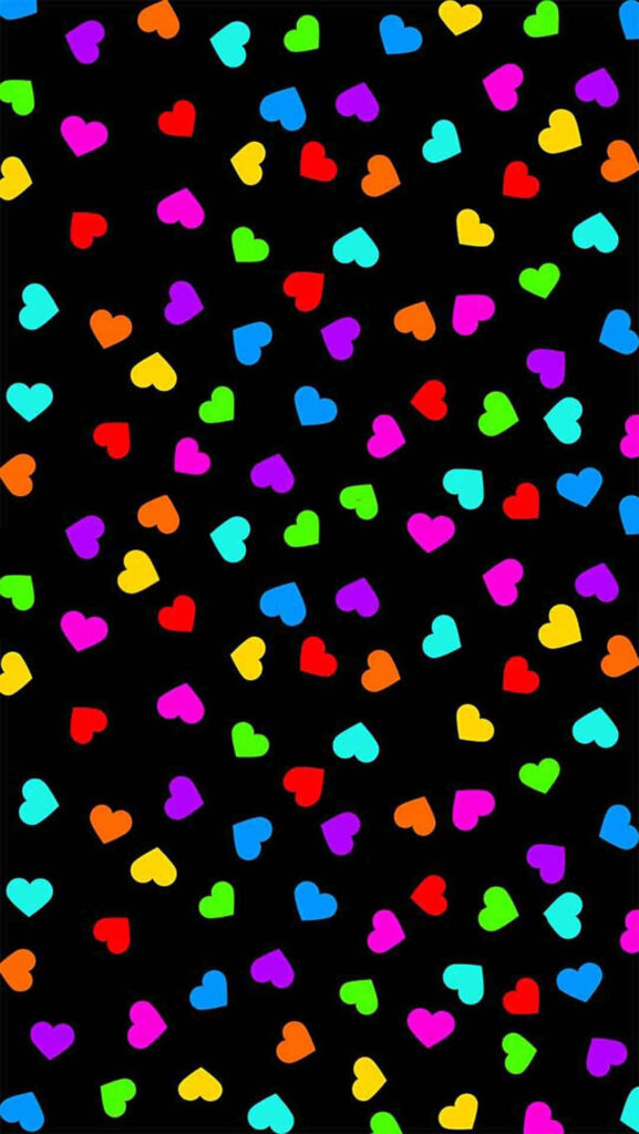 Vibrant Neon Rainbow Hearts Wallpaper on Sleek Black Background