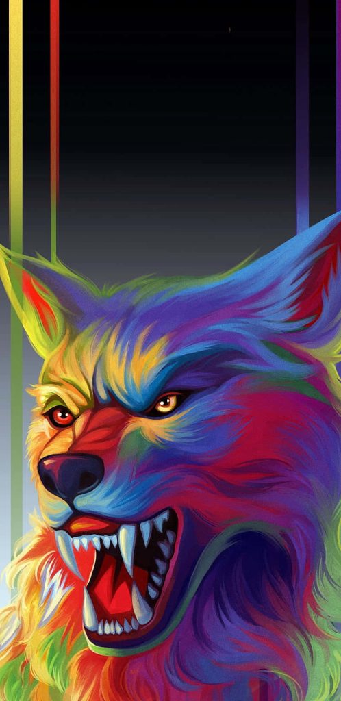 Intense snarling wolf digital art in neon rainbow colors on dark background with light streaks wallpaper