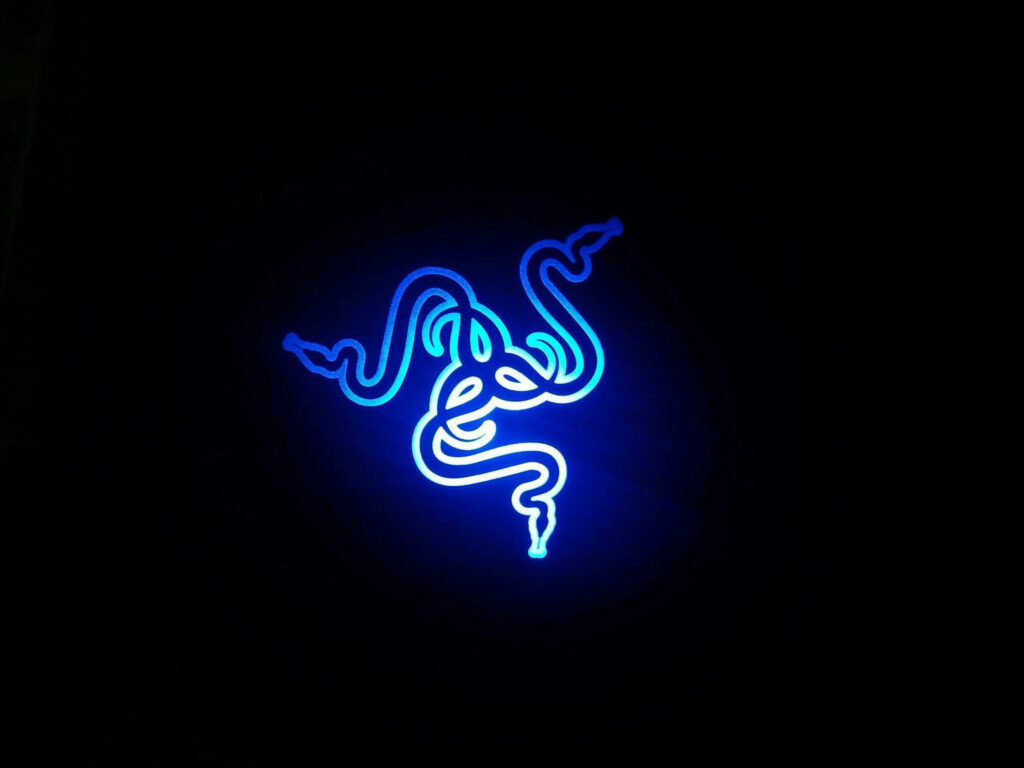 4K Razer logo wallpaper glowing blue neon on black background minimalist gaming desktop