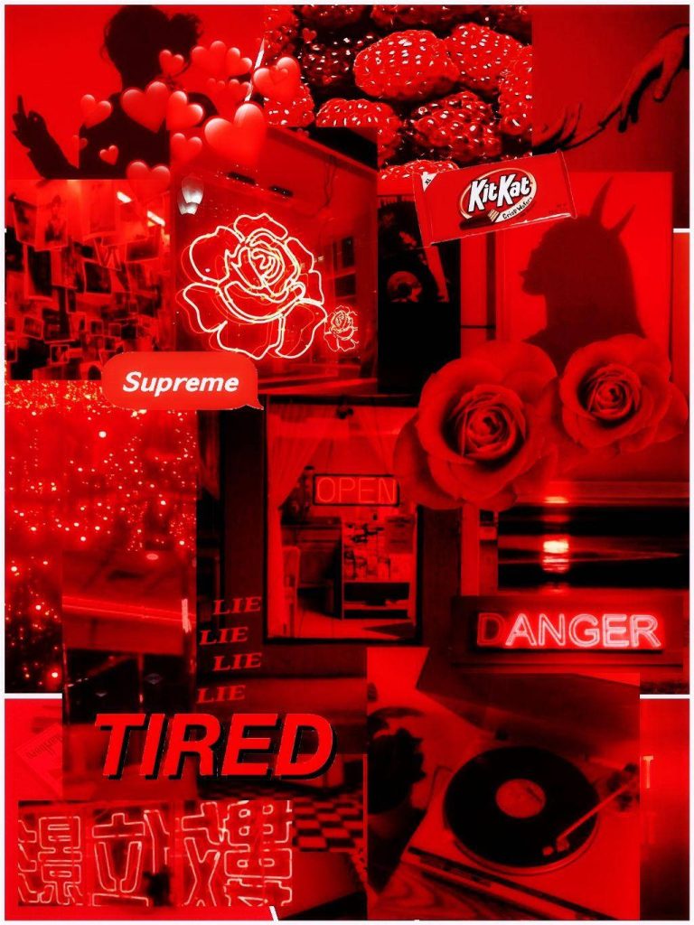 Red neon collage with roses KitKat wrapper and edgy danger tired text urban wallpaper background