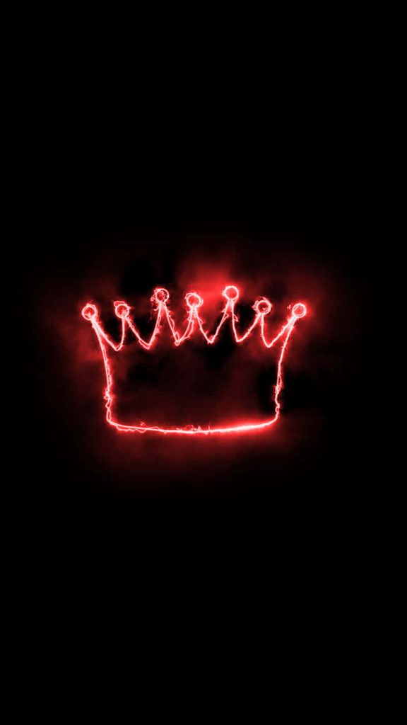 Neon red glowing crown on black background minimalist wallpaper for dark-themed devices