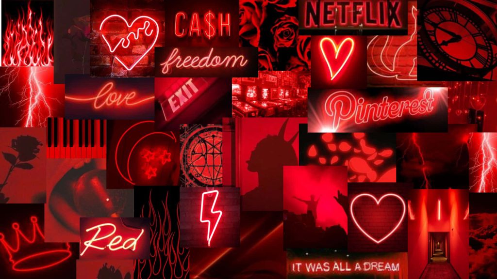 Neon red digital collage wallpaper with glowing Netflix Pinterest and CA$H signs hearts flames roses