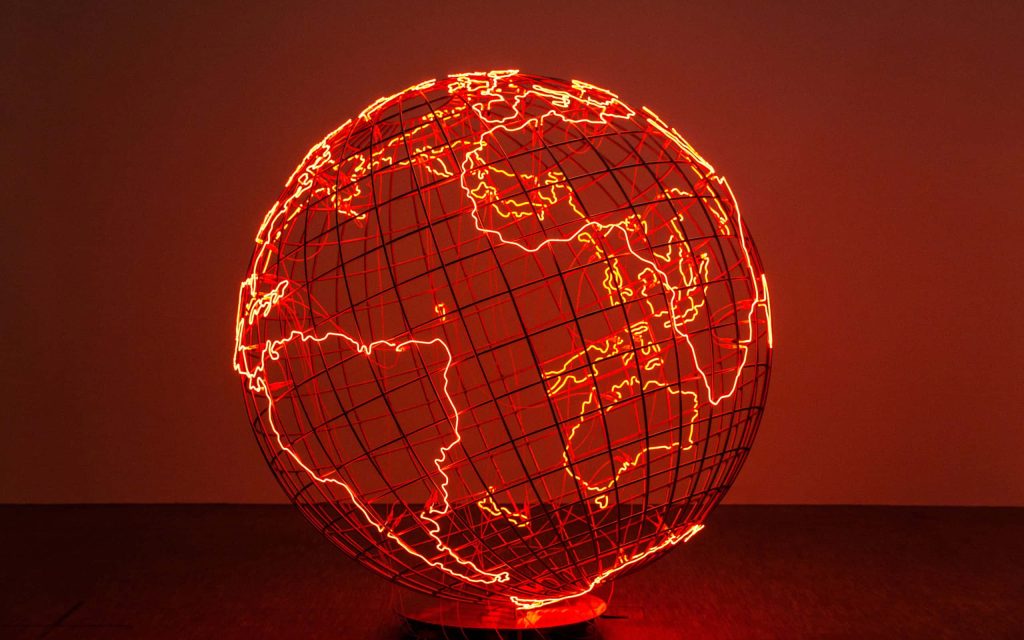 Neon red wireframe globe wallpaper with glowing continents on dark modern desktop background