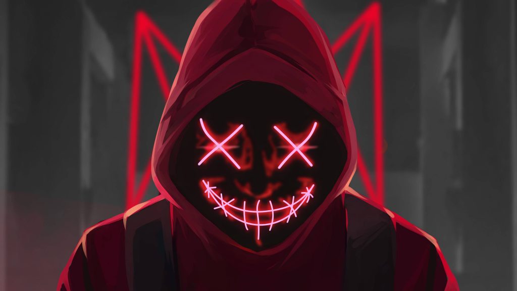 Mysterious figure in dark red hoodie with glowing neon red LED mask and stitched X eyes wallpaper