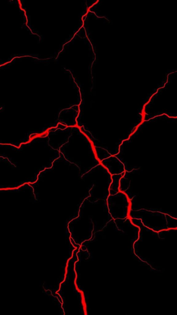 Glowing neon red lightning streaks on deep black background digital art wallpaper design