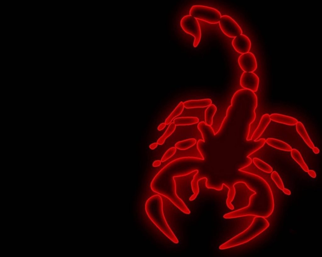 Neon red scorpion digital art on black background bold edgy minimalist high contrast wallpaper