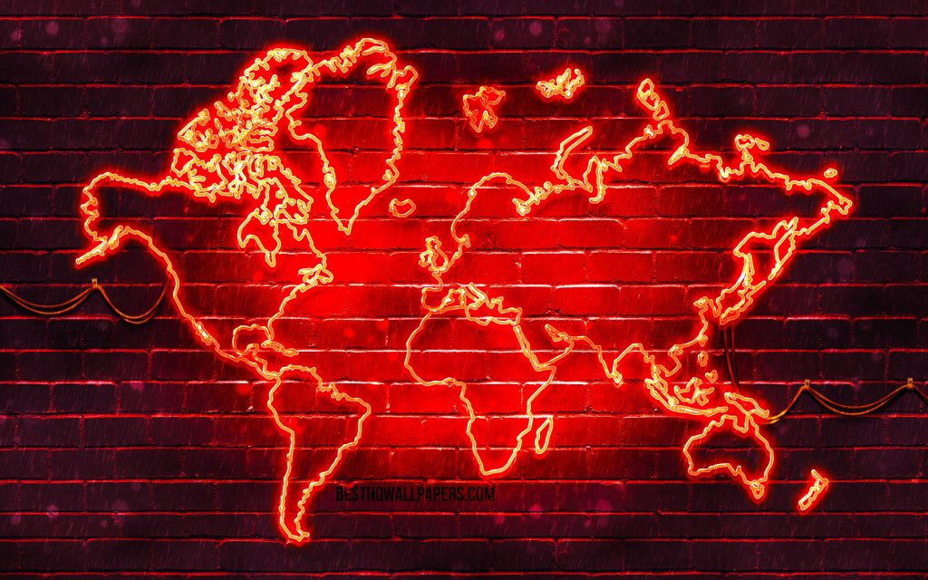 High-resolution neon red world map glowing on dark brick wall industrial style wallpaper background