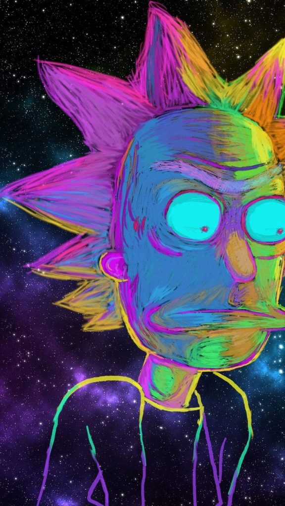 Vibrant neon Rick Sanchez portrait with cosmic galaxy background digital art wallpaper