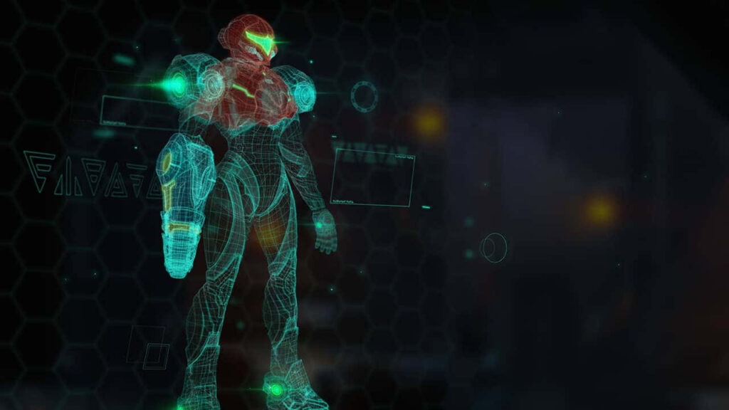 Neon Blue & Red Samus Aran Wallpaper from *Metroid Dread*