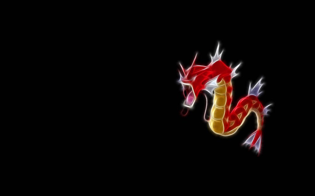 Glowing neon Shiny Gyarados digital art wallpaper with electric light effects on black background