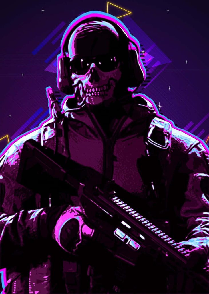 Neon synthwave wallpaper of Simon Ghost Riley from Modern Warfare in iconic skull mask purple lighting