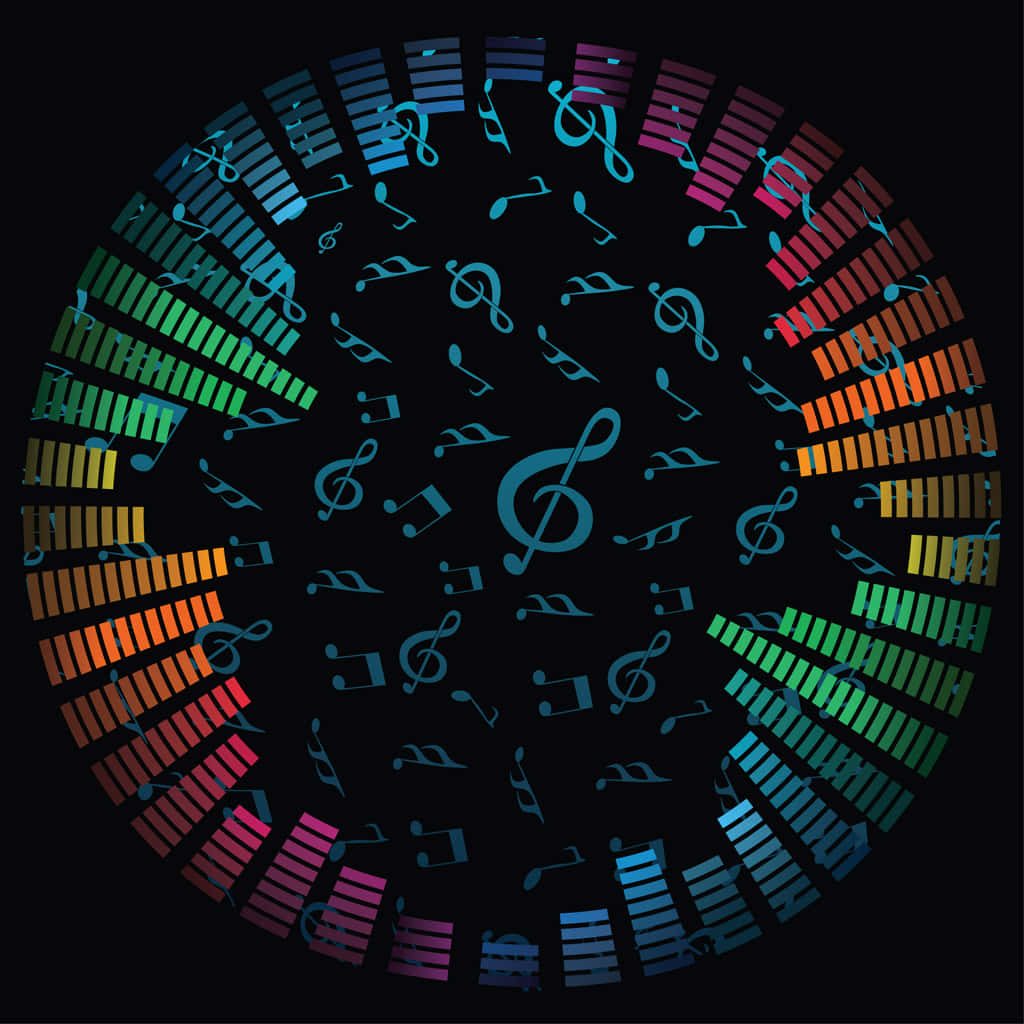 Neon music wallpaper with colorful sound bars and floating notes on black background vibrant rhythm