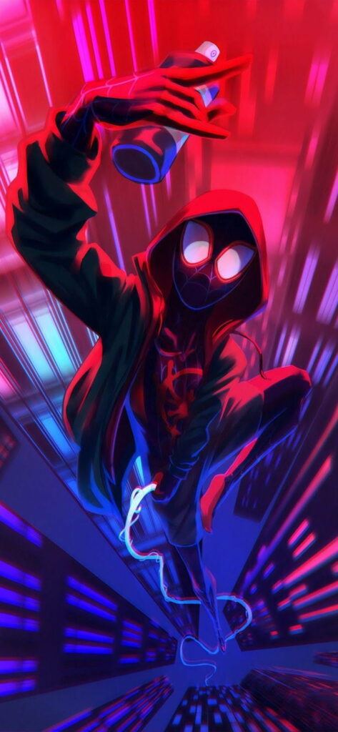 Spiderman mid-action neon HD phone wallpaper vibrant colors dynamic city background bold look