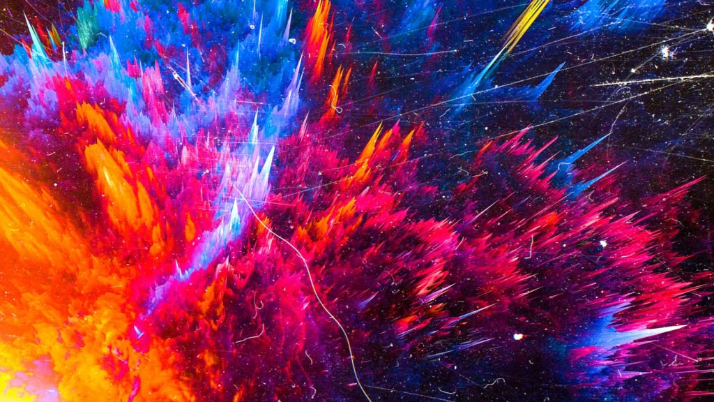 Vibrant neon splash digital wallpaper with magenta blue orange shards on dark abstract background