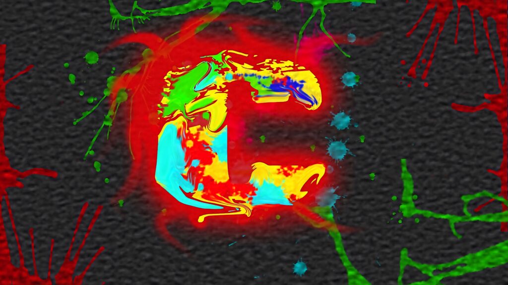 Artistic letter C with neon red green blue paint splashes on dark textured splatter art background Wallpaper