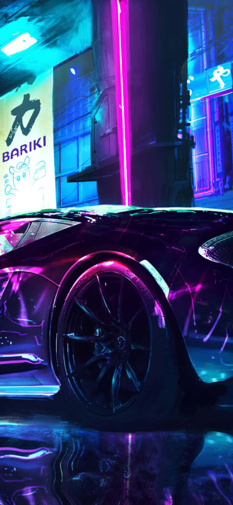 Sleek sports car glowing under neon lights in vibrant cityscape high energy Need For Speed Heat Wallpaper