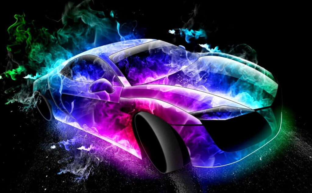 Sleek sports car glowing with vibrant neon colors and electrifying smoke on dark background Wallpaper