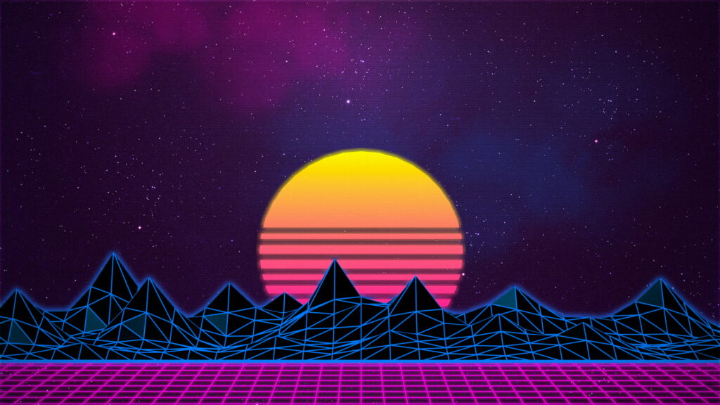 Retro Wave wallpaper with neon sunset wireframe mountains magenta grid starry purple sky background