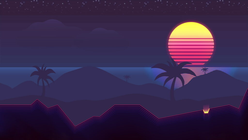 80s Synth Beats: The Sun Sets Behind Palm Trees in a Neon Music Background - HD Wallpaper