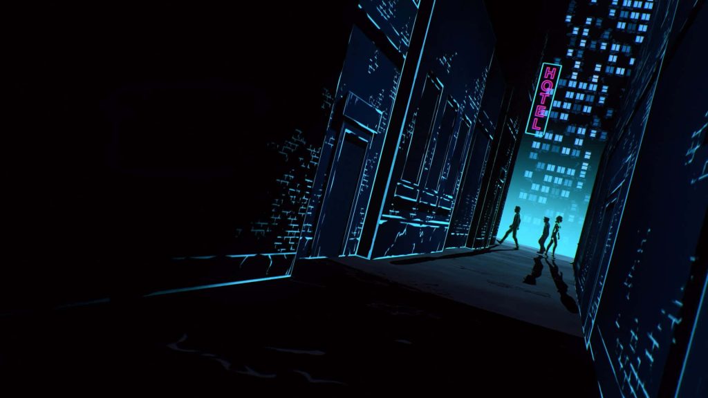 Neon synthwave wallpaper with three silhouettes in vibrant blue retro-futuristic city alleyway nighttime