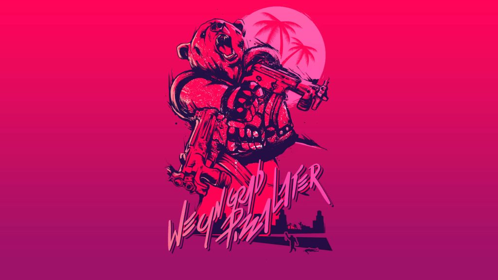 Roaring bear with submachine guns neon synthwave wallpaper retro sunset palm trees background