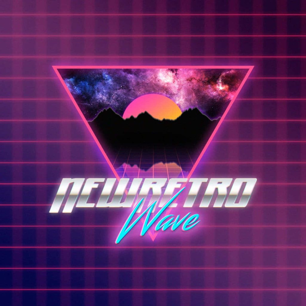 NewRetroWave synthwave logo with neon pink triangle celestial galaxy mountains sunset grid background Wallpaper