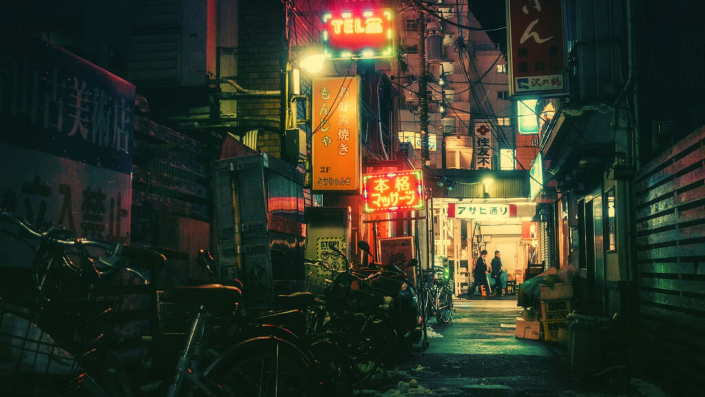 Moody Tokyo Alleyway at Night: Neon Signs & Bicycles Wallpaper