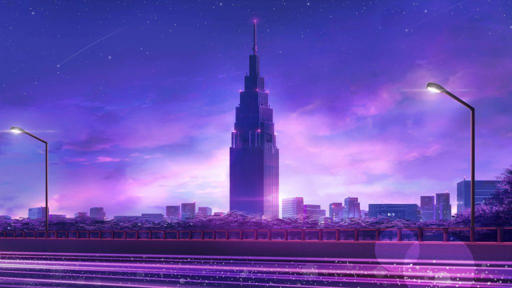 Futuristic Tokyo cityscape with NTT Docomo Yoyogi Building neon lights and highway trails at dusk Wallpaper