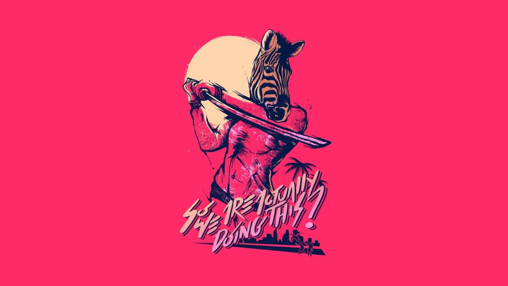 Muscular figure in zebra mask wielding katana neon pink synthwave cityscape wallpaper