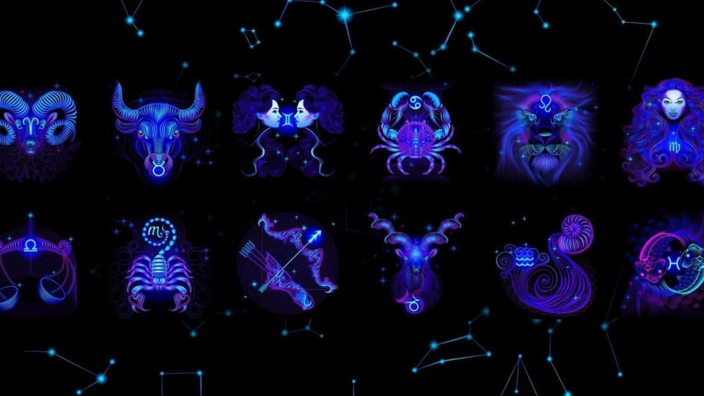 Digital art wallpaper of all 12 zodiac signs glowing neon blue and purple on black background