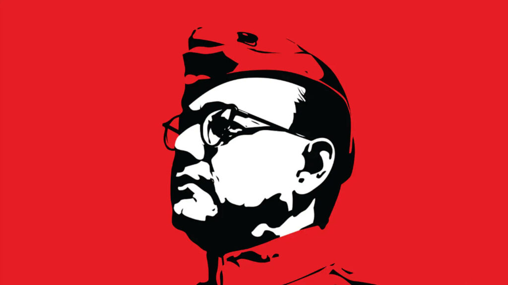 Bold Outline Art Wallpaper of Netaji Bose on Red Background