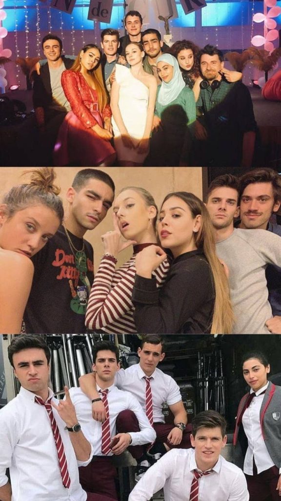 Netflix Elite three-panel collage featuring cast party moments casual selfie and school uniforms wallpaper