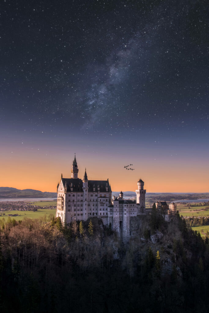 Neuschwanstein Castle Sunset Wallpaper: Milky Way Starlit Night