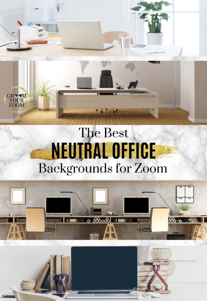 Collage of neutral modern office Zoom backgrounds with bright minimalist desks and clean lighting Wallpaper