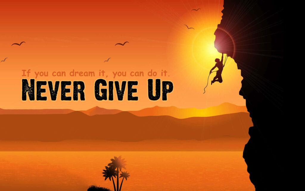 Never Give Up: Motivational Climber Wallpaper with Sunset & Palm Trees