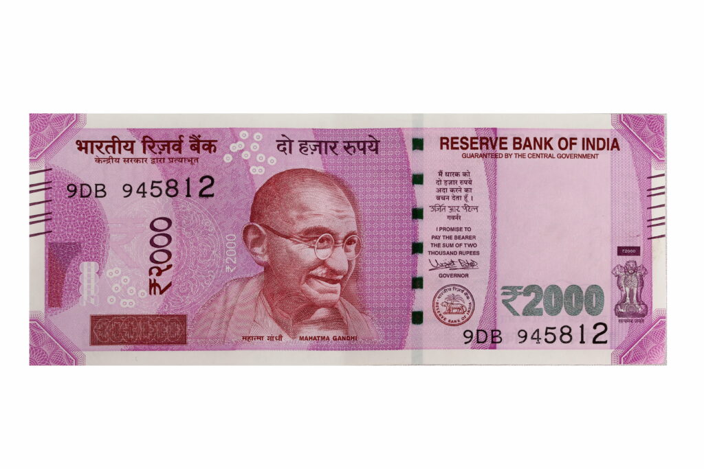 High-resolution 2000 Indian Rupee banknote wallpaper with Mahatma Gandhi vibrant magenta tones