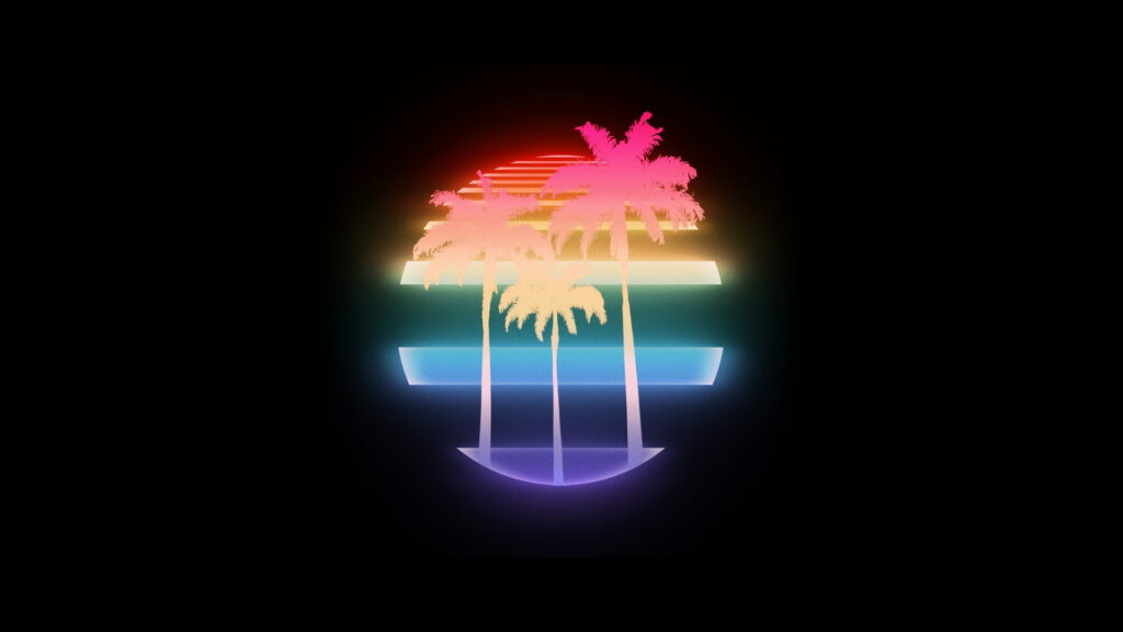 Three palm silhouettes neon sun retro wave wallpaper 80s synthwave VHS style background