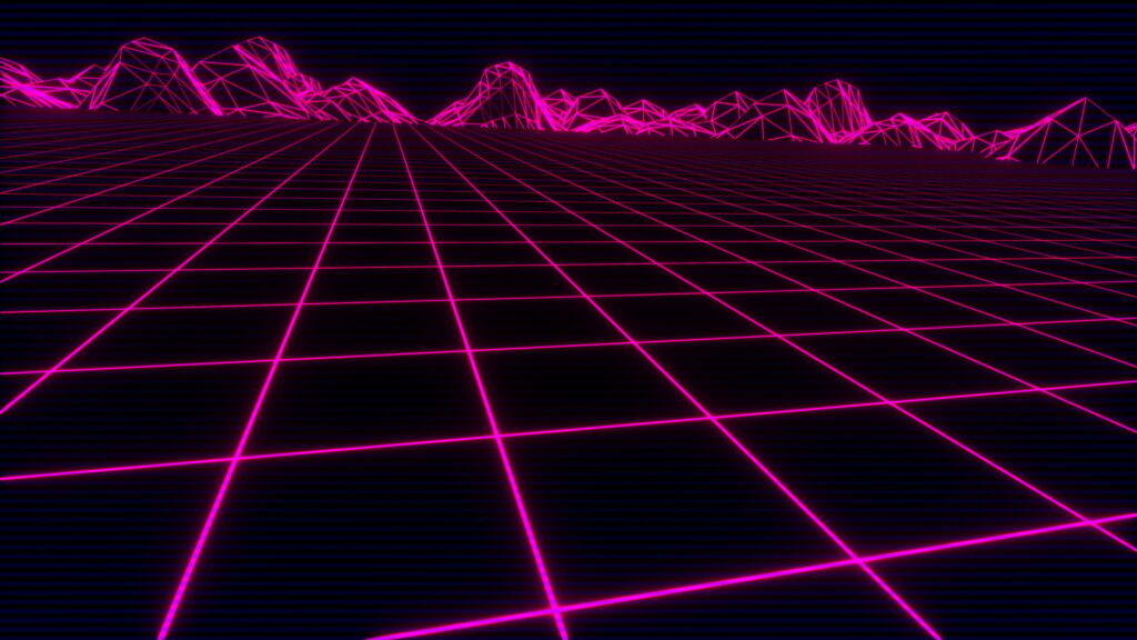 Vibrant retro-futuristic synthwave wallpaper with neon grid and mountain horizon