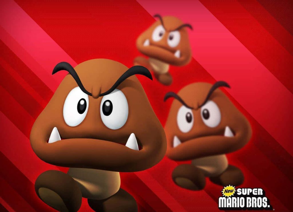 Three 3D Goombas from New Super Mario Bros on a red striped dynamic wallpaper background