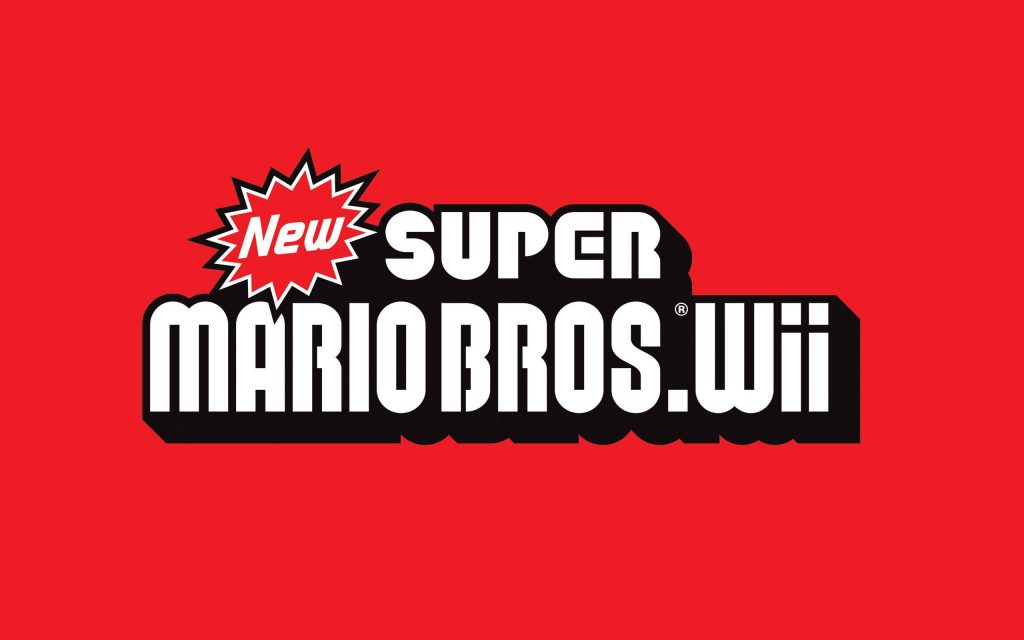 New Super Mario Bros Wii logo on vibrant red background Nintendo fan wallpaper design
