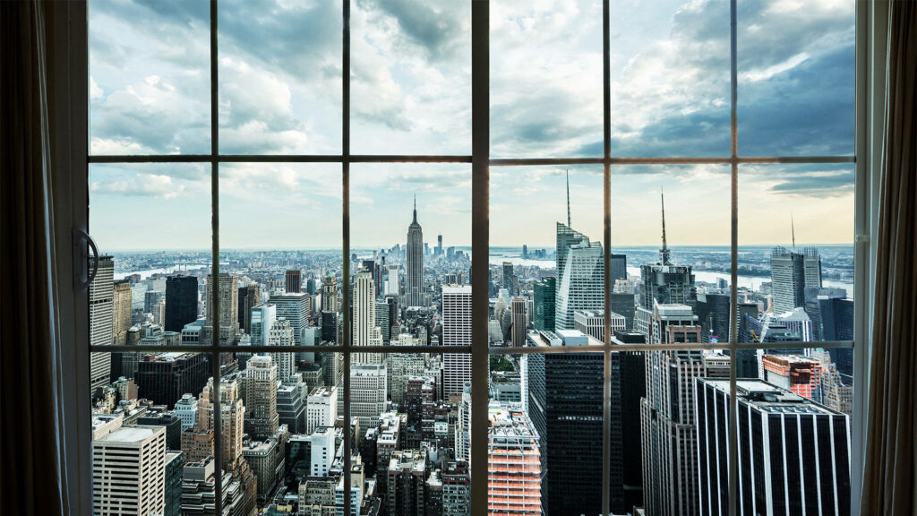 New York City skyline with Empire State Building viewed through classic window perfect Zoom background Wallpaper