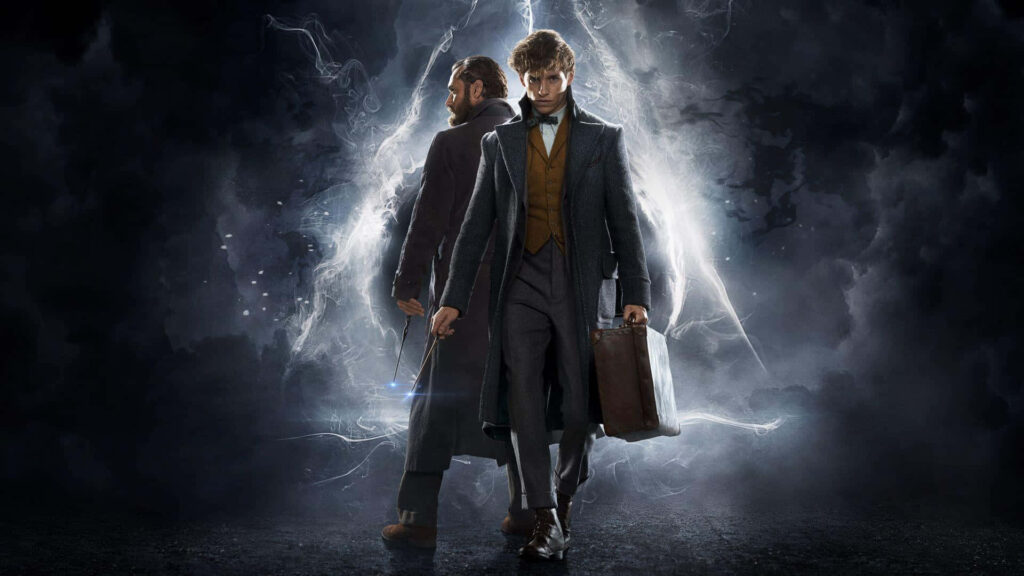 Newt Scamander with suitcase and Albus Dumbledore surrounded by swirling magic in dark wizardry background Wallpaper
