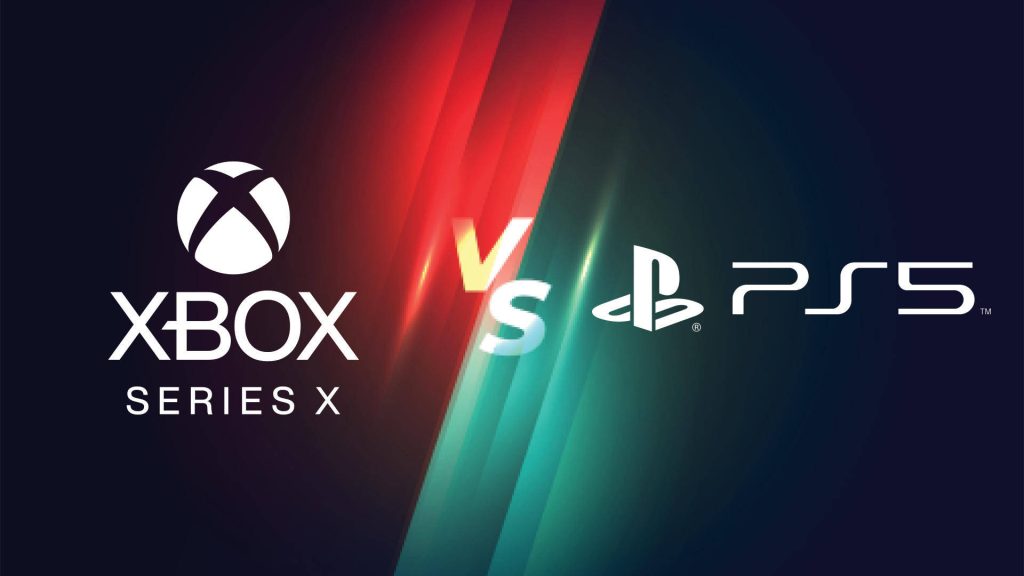 Xbox Series X vs PS5 intense gaming wallpaper with red cyan lighting and iconic logos background