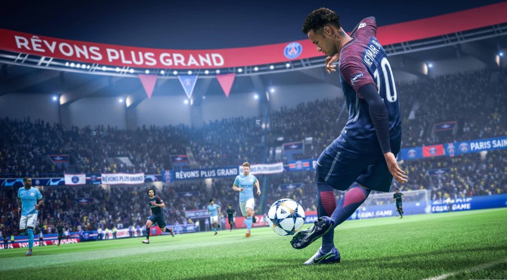 Neymar Jr striking ball in PSG kit FIFA 21 wallpaper vibrant stadium lighting soccer background