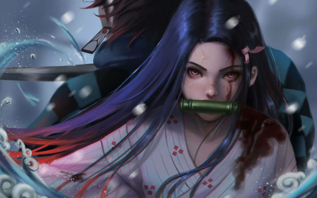 Demon Slayer Nezuko Kamado and Giyu Tomioka anime wallpaper snow battlefield intense scene